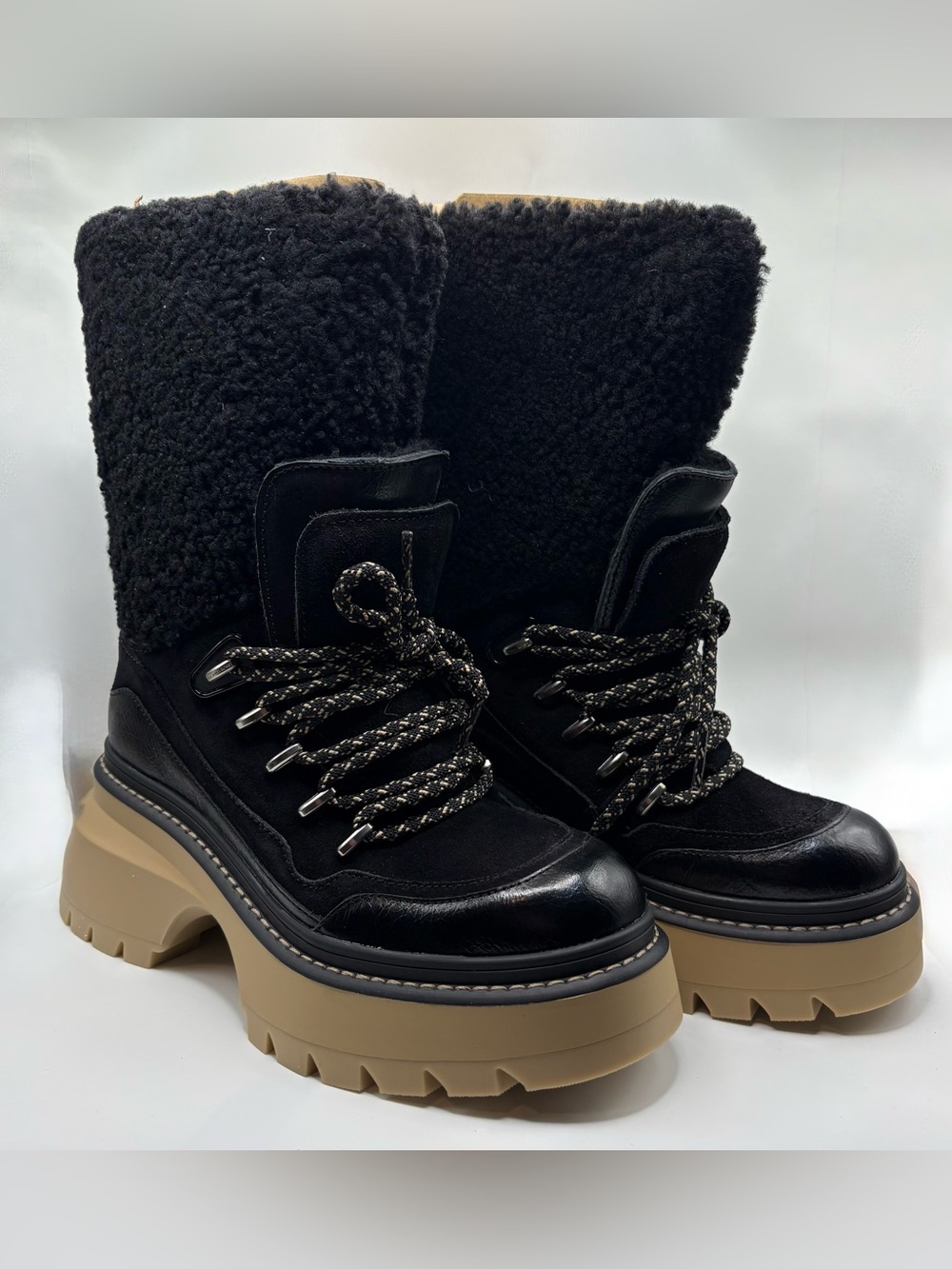 Michael Kors Shiloh Black Leather Faux Shearling Platform Winter Boots NIB Sz 6M